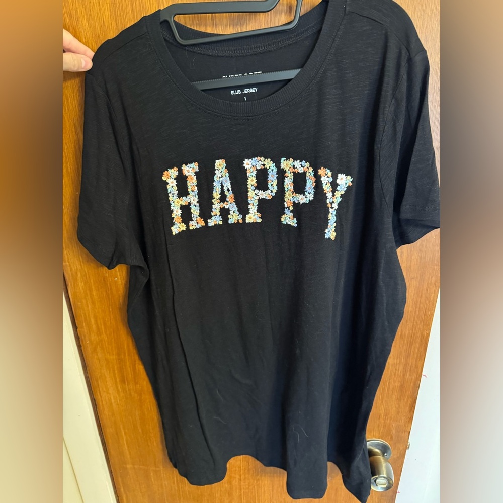NWT Torrid Super Soft Black “Slub Jersey” Tee w/Floral 'HAPPY' Graphic Size 1X